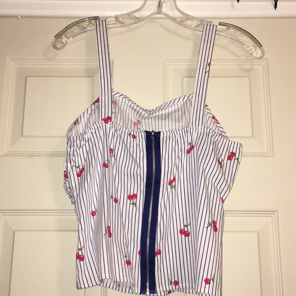White & navy blue thin stripped cherry tank top - Picture 3 of 5